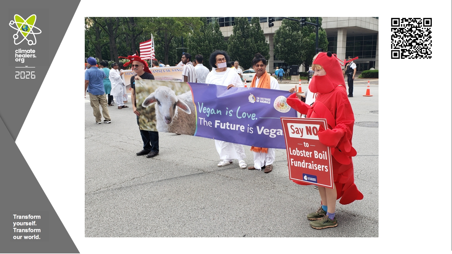 Sign at an All Faiths rally during the Parliament of World's Religions in Chicago, 2023, saying "Vegan is Love and the Future is Vegan"